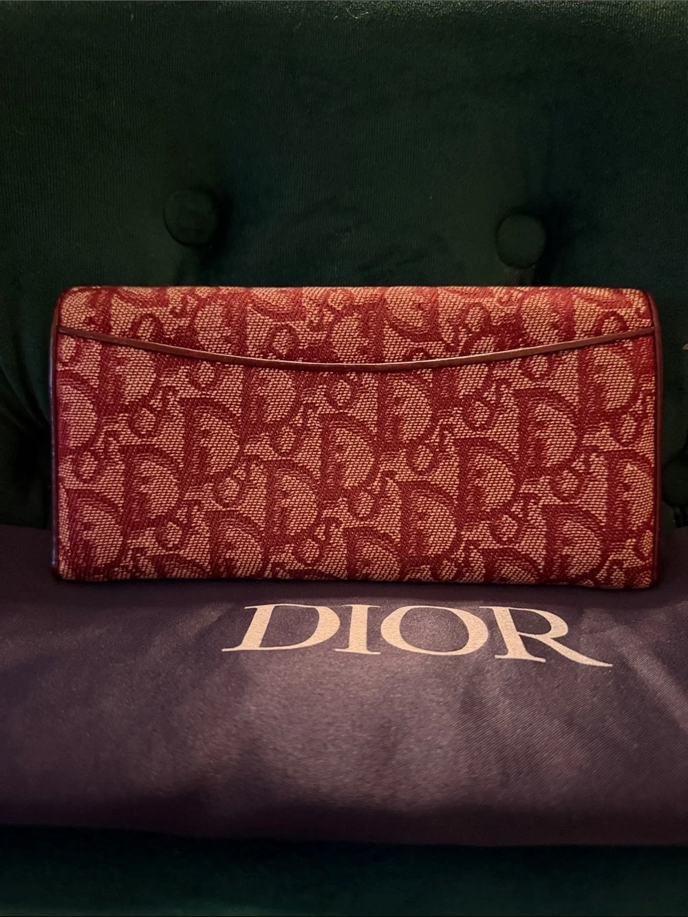 Dior Vintage Trotter Burgundy Continental Kisslock Wallet with Navy Dust Bag